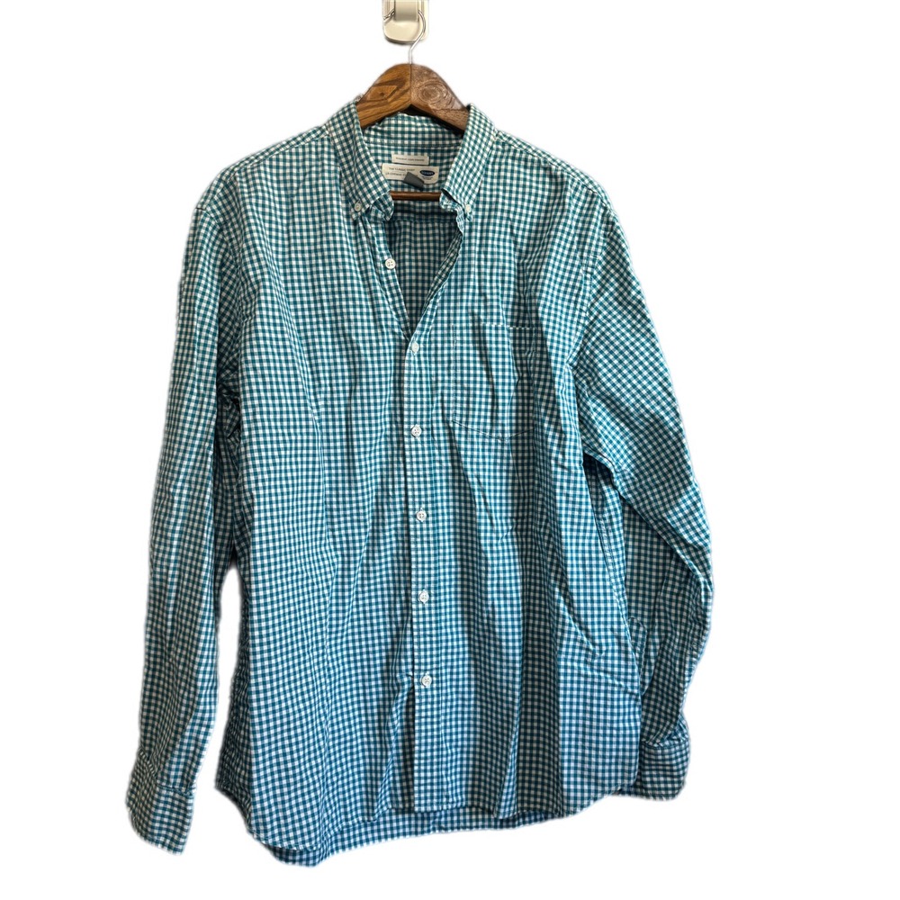 Old Navy Button Down Shirt Mens XL Teal Gingham Excellent Long Sleeve Cotton